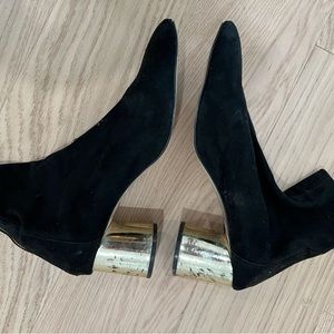 Zara faux suede bootie with gold heel and gold hoop calf zipper